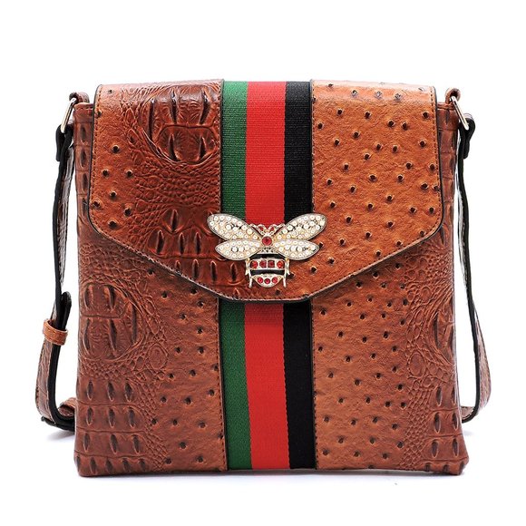 FASHION BRIDGE Handbags - OSTRICH CROC QUEEN BEE STRIPE FLAP OVER CROSSBODY BAG|CROSSBODY PURSE